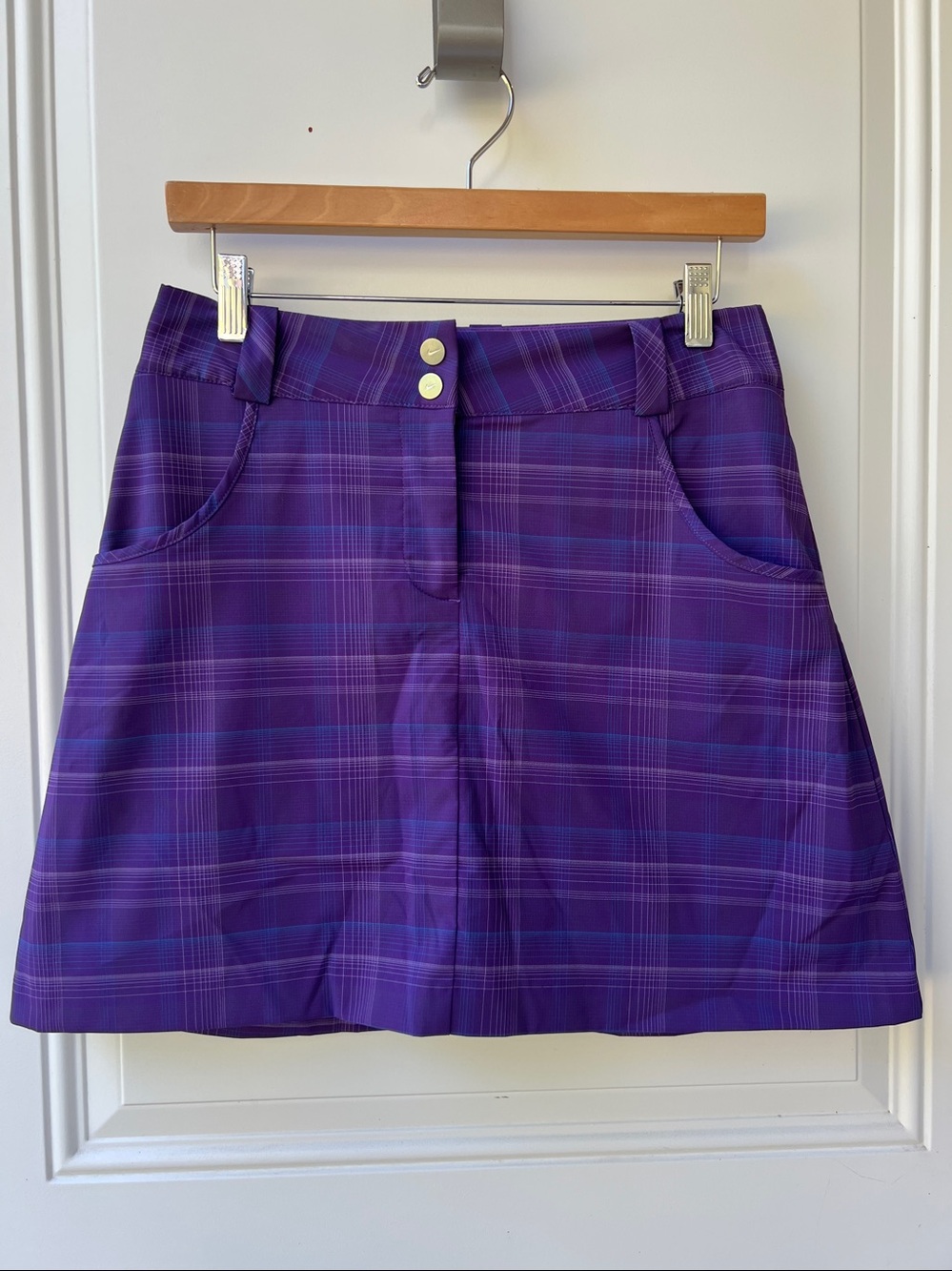 Nike Purple Plaid A-Line Skort with Double-Button Waist